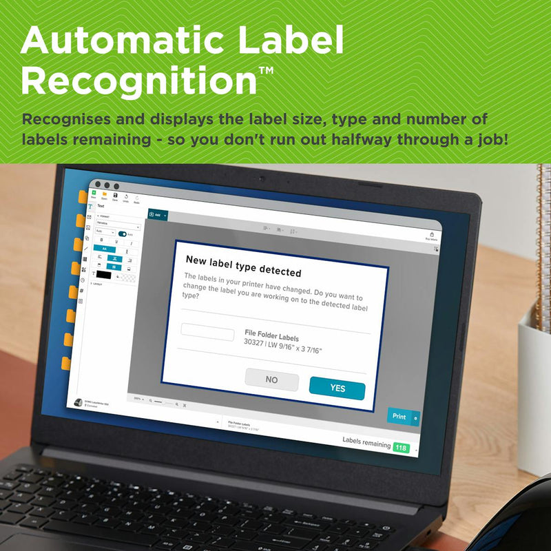 Automatic Label Recognition feature shown on DYMO Connect software on a laptop screen