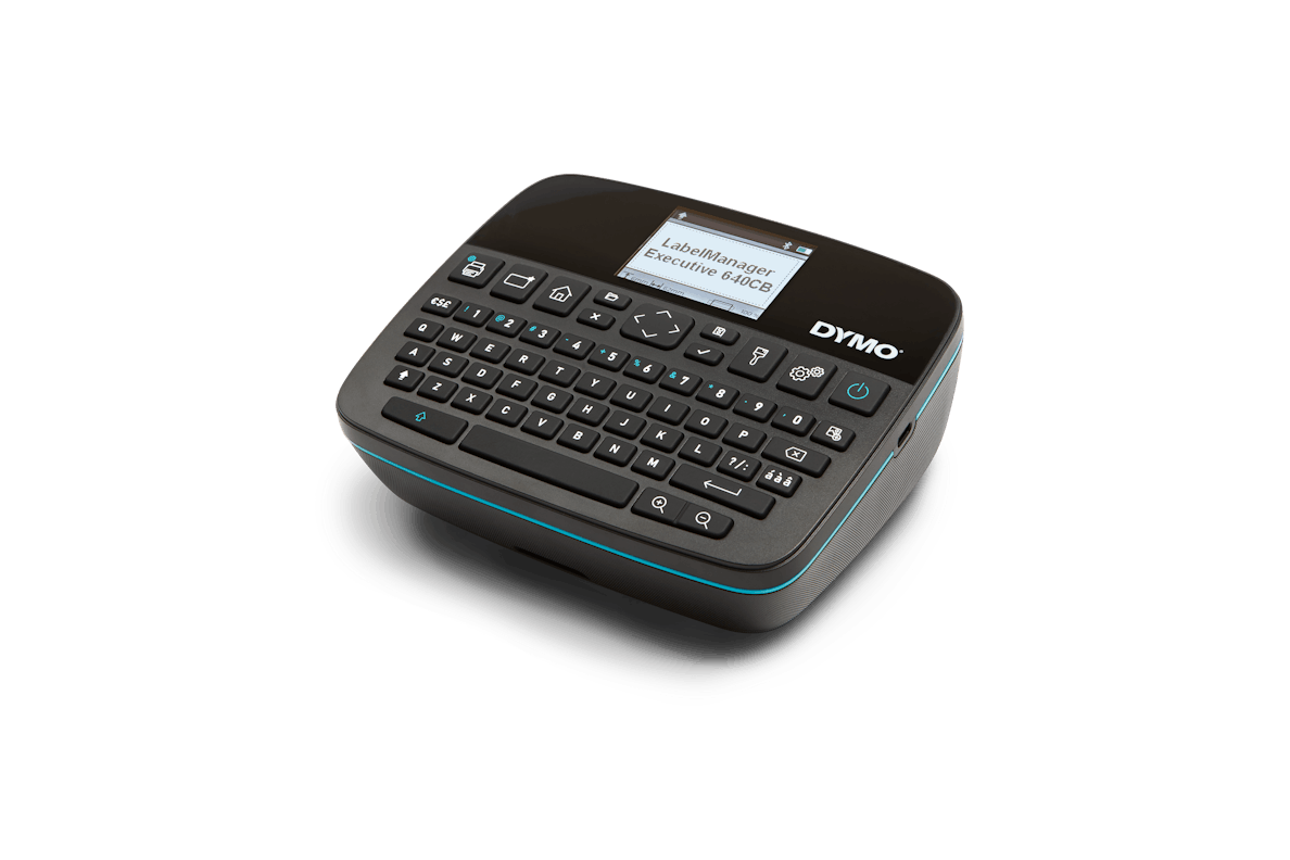 Top view of DYMO LabelManager Executive 640 CB with full QWERTY keyboard and colour screen.