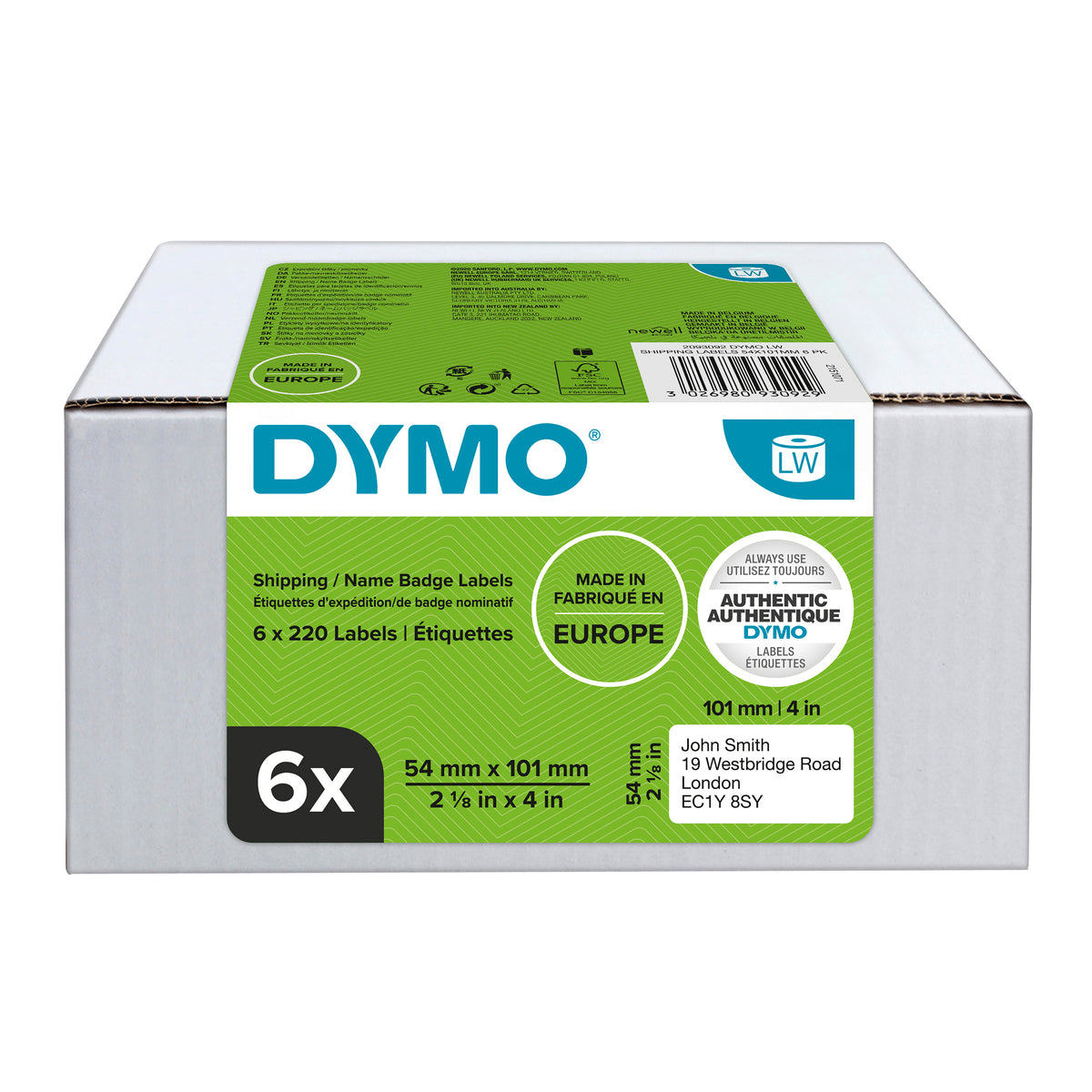 Dymo 2093092 box of 6 LabelWriter shipping label rolls, 54 x 101mm