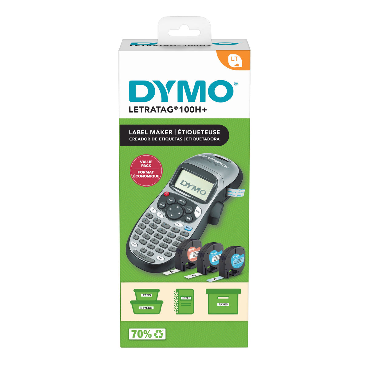 Dymo LetraTag 100H+ silver label maker value pack box with three tapes