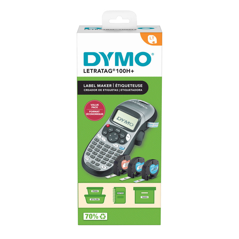 Dymo LetraTag 100H+ silver label maker value pack box with three tapes