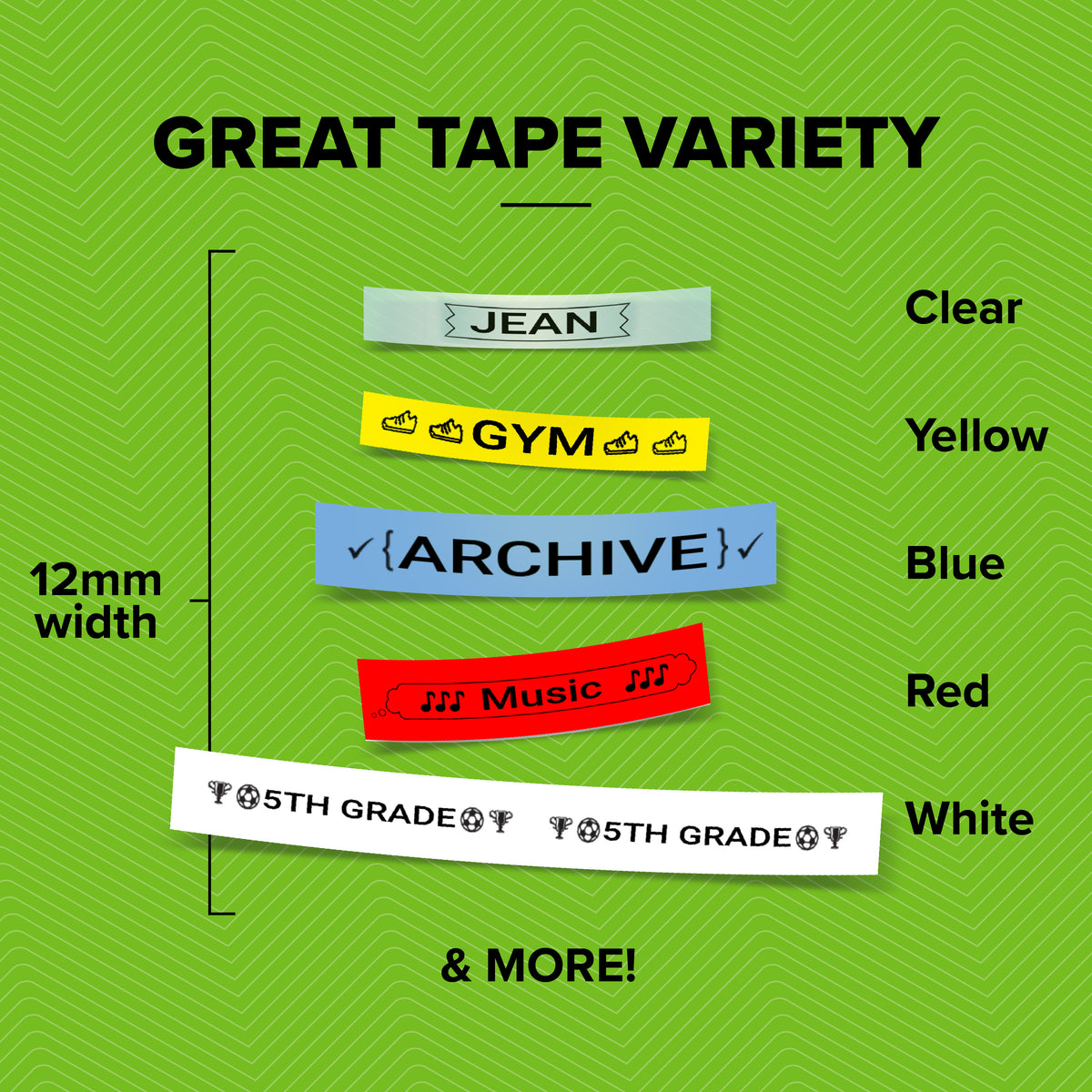 Chart of 12mm LetraTag tape colours: clear, yellow, blue, red and white