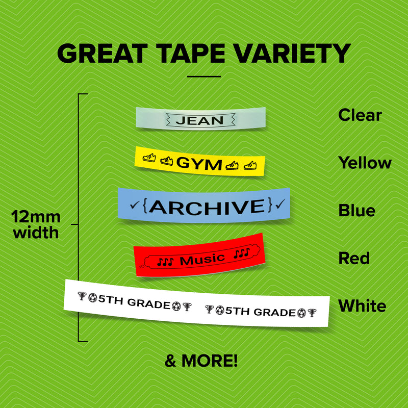 Chart of 12mm LetraTag tape colours: clear, yellow, blue, red and white