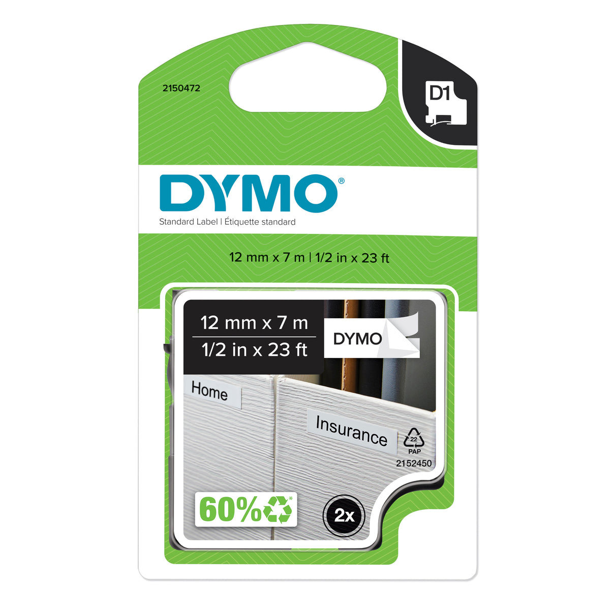 Dymo D1 2150472 label tape twin pack in retail packaging showing two 12mm black on white cassettes