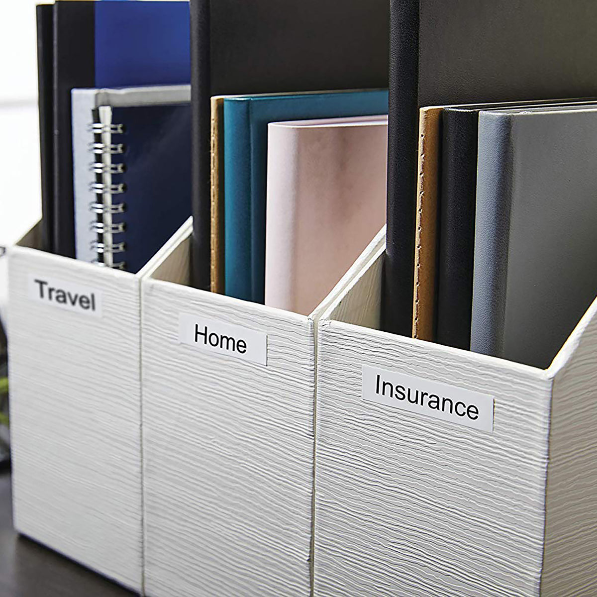 Black on white Dymo D1 labels on magazine files marked Travel, Home and Insurance