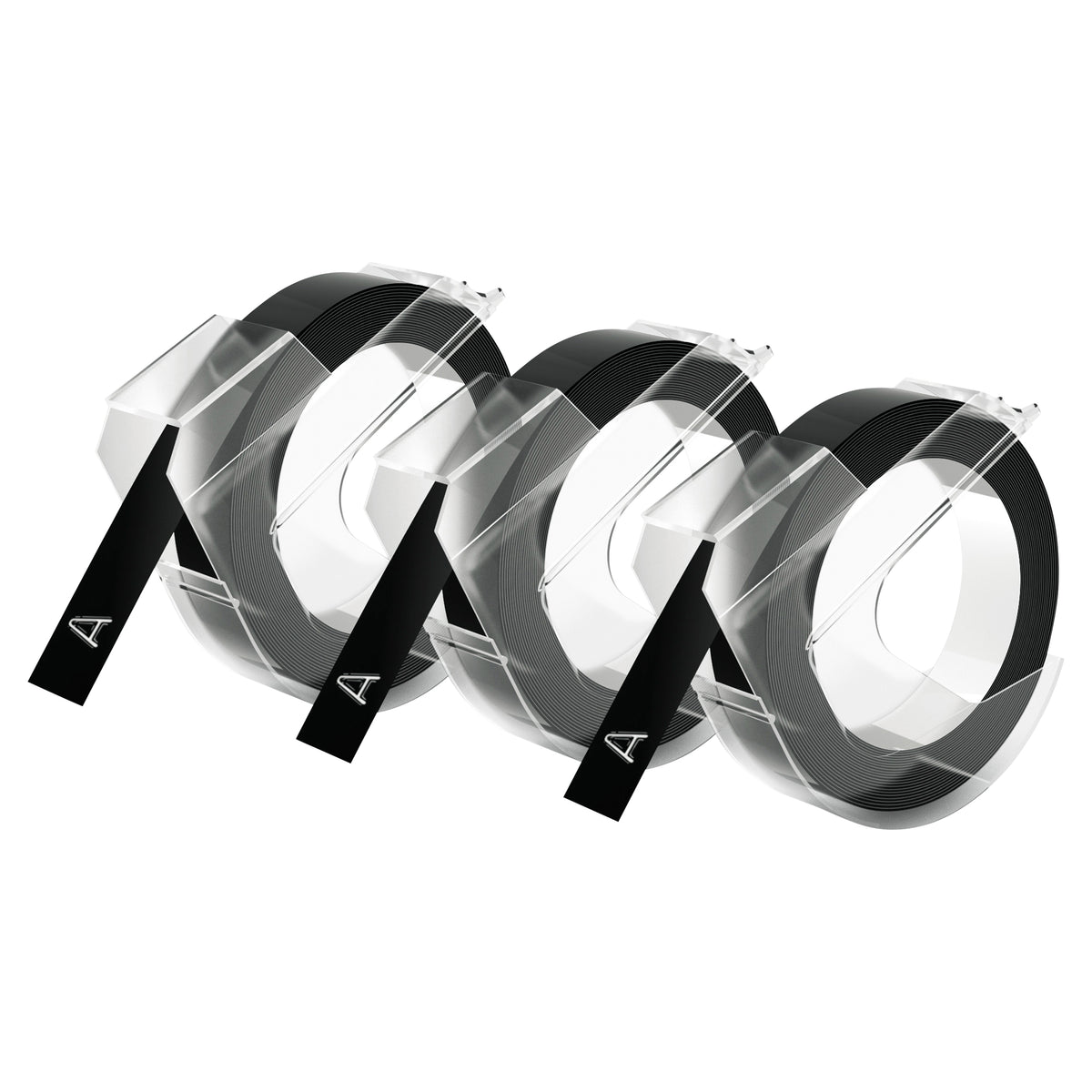 Three black Dymo embossing tapes with raised white letters