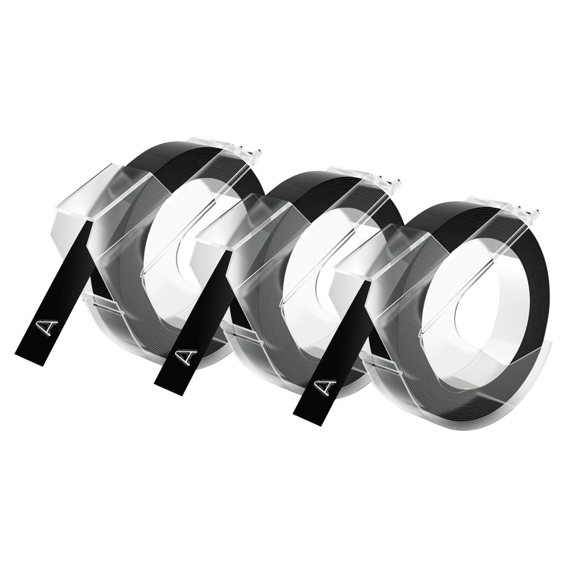 Three black Dymo embossing tapes with raised white letters