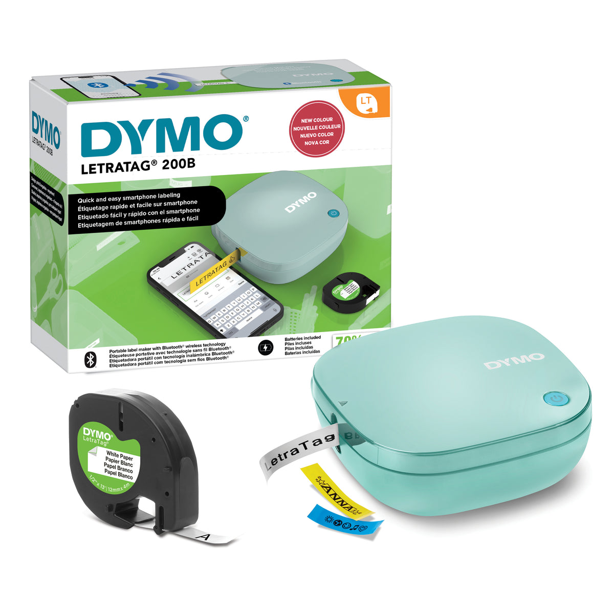 Dymo LetraTag 200B Daydream Blue label maker starter pack with phone app shown