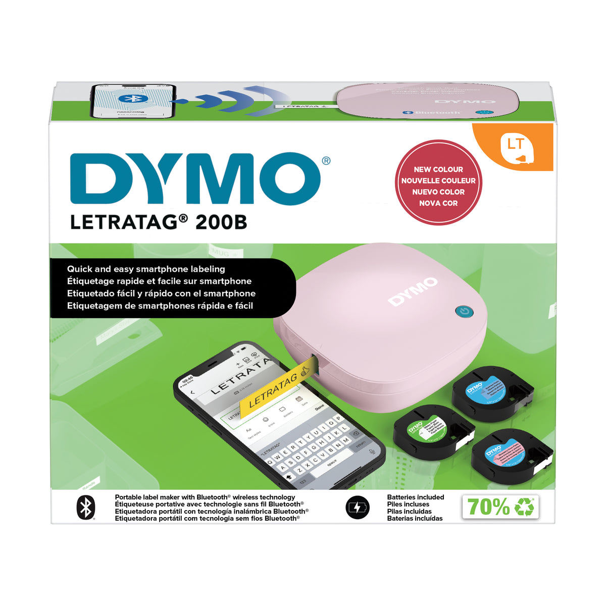 Dymo LetraTag 200B pink Bluetooth label maker value pack box with three tapes