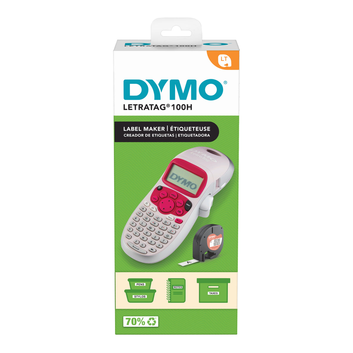 Dymo LetraTag 100H pink handheld label maker in its retail box