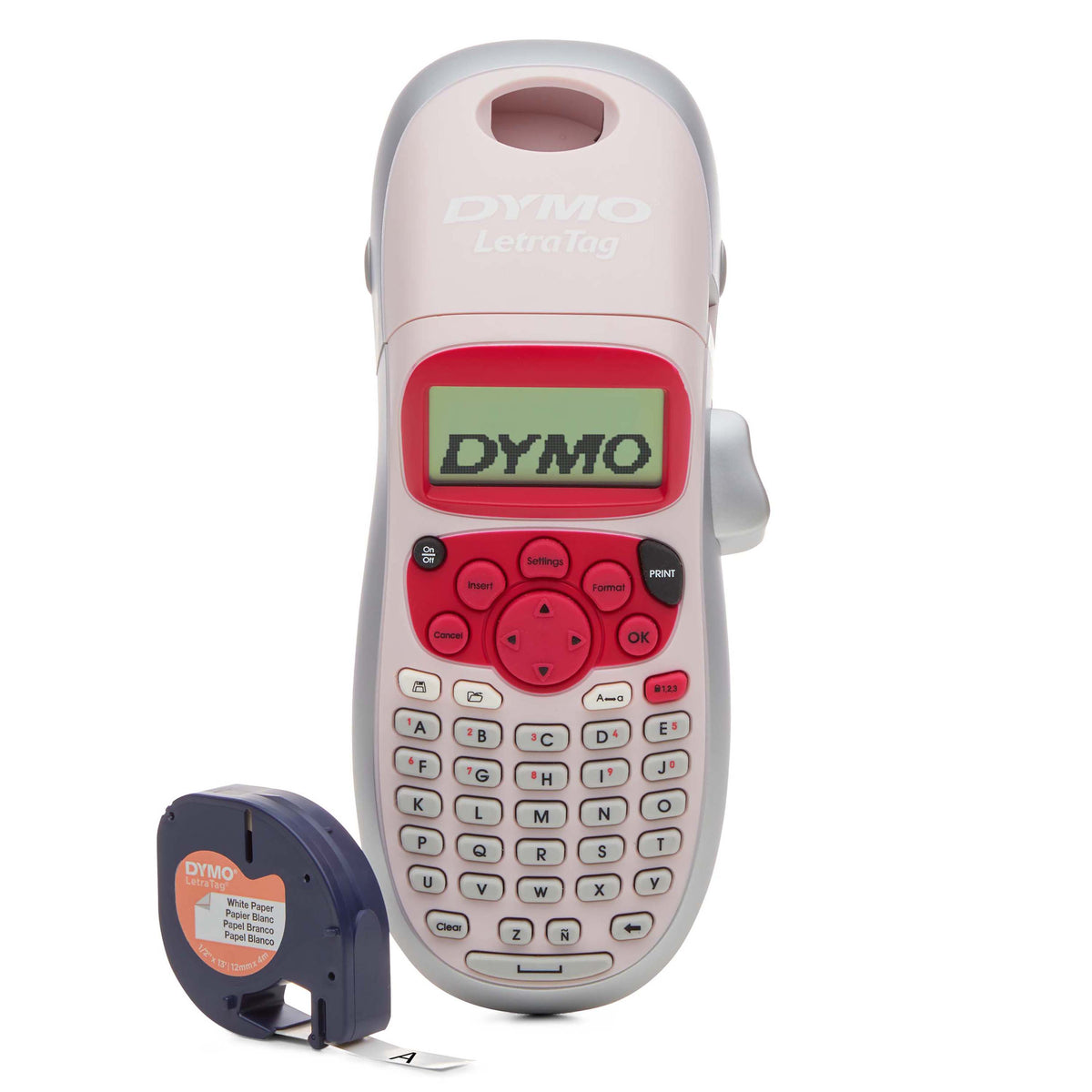 Pink Dymo LetraTag 100H label maker with a LetraTag tape cassette