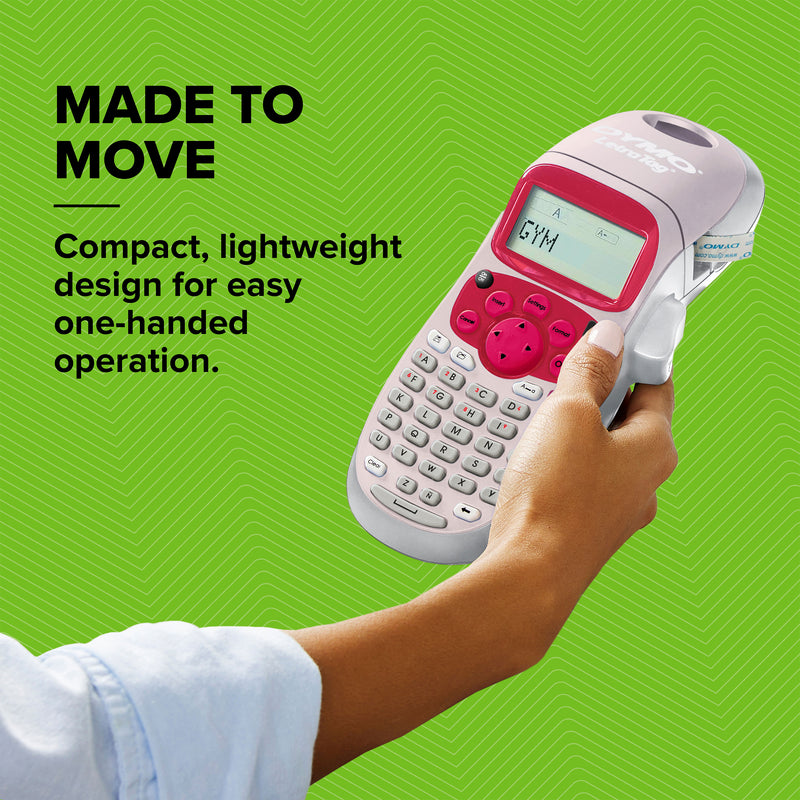 Hand holding the pink LetraTag 100H showing its compact one handed size
