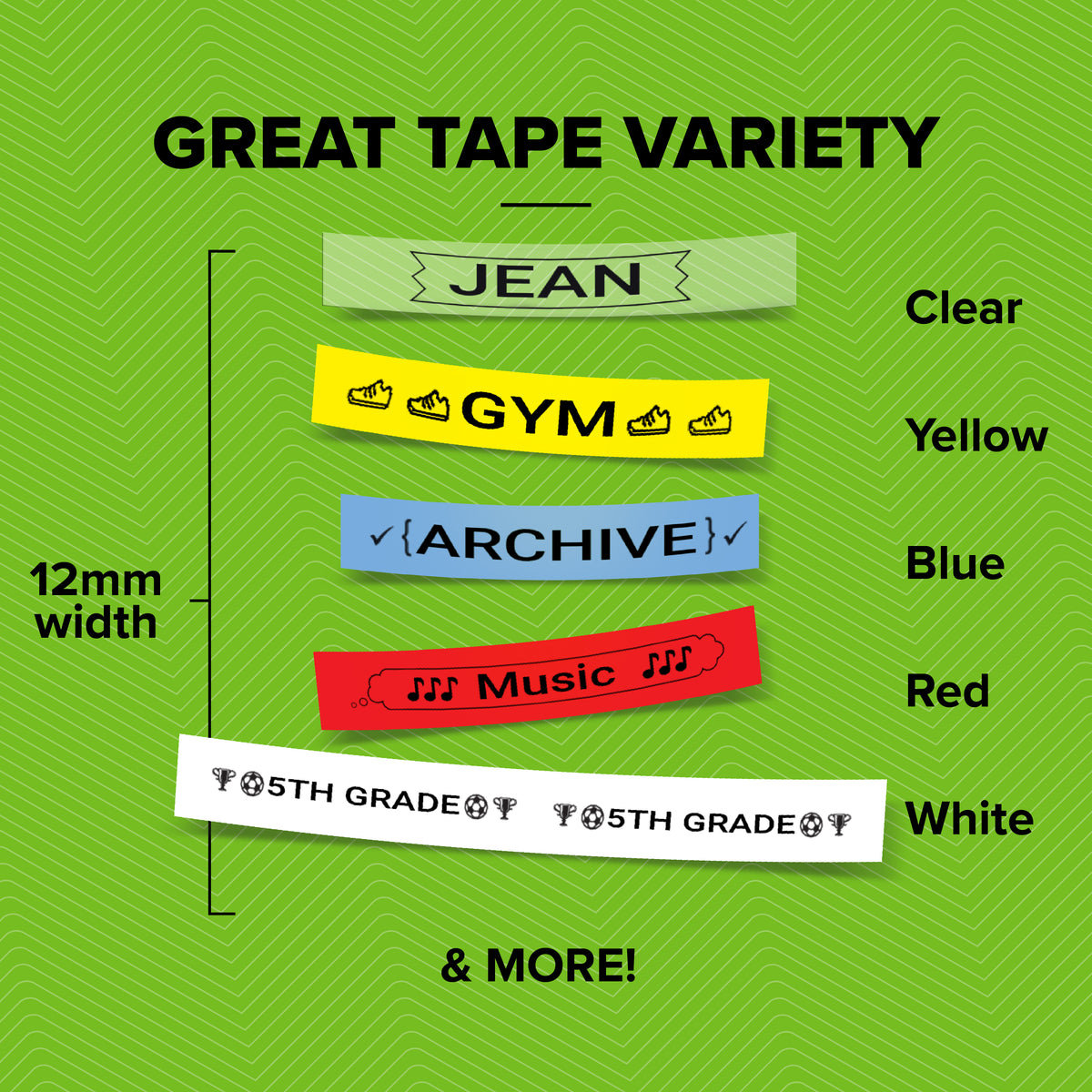 Chart of 12mm LetraTag tape colours: clear, yellow, blue, red and white