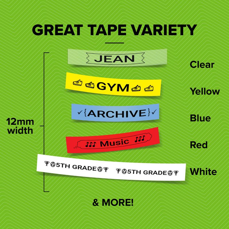 Chart of 12mm LetraTag tape colours: clear, yellow, blue, red and white