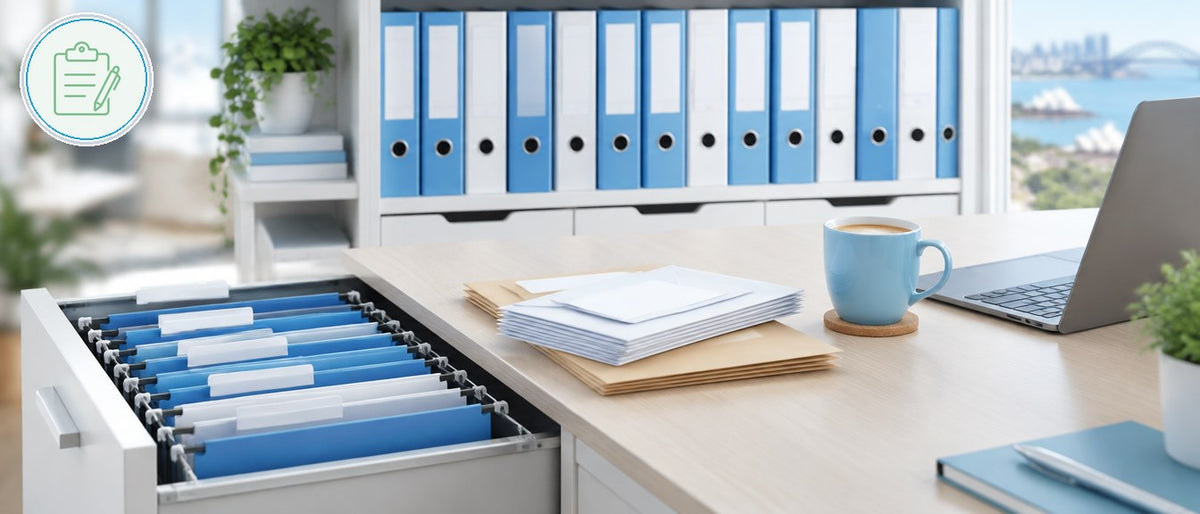 DymoOnline office-admin collection banner: lifestyle photo with printed labels in use and the industry icon.