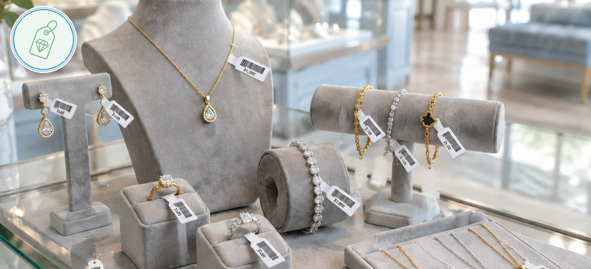 Jewellery store display with rings, necklaces, earrings and bracelets wearing white barbell jewellery labels printed with barcodes and prices, with the DymoOnline Retail and Jewellery tag icon.