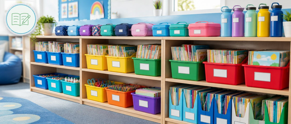 DymoOnline schools-education collection banner: lifestyle photo with printed labels in use and the industry icon.