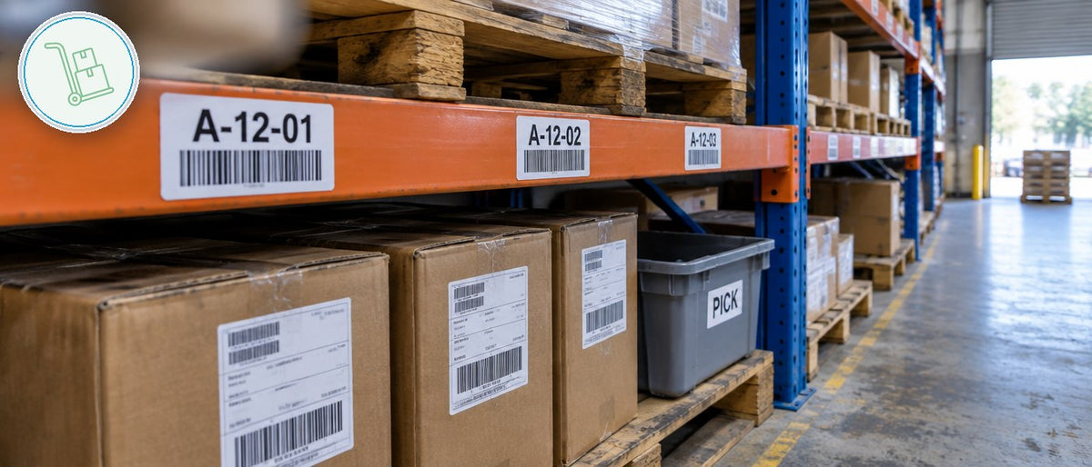 DymoOnline warehouse-shipping collection banner: real-world labels in use with the industry icon.