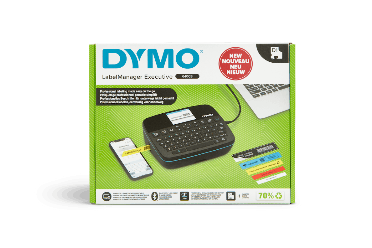 DYMO LabelManager Executive 640 CB retail packaging with included label maker, cassette, and accessories.