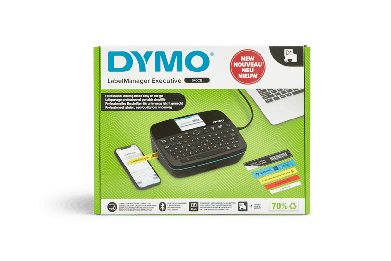 DYMO LabelManager Executive 640 CB retail packaging with included label maker, cassette, and accessories.
