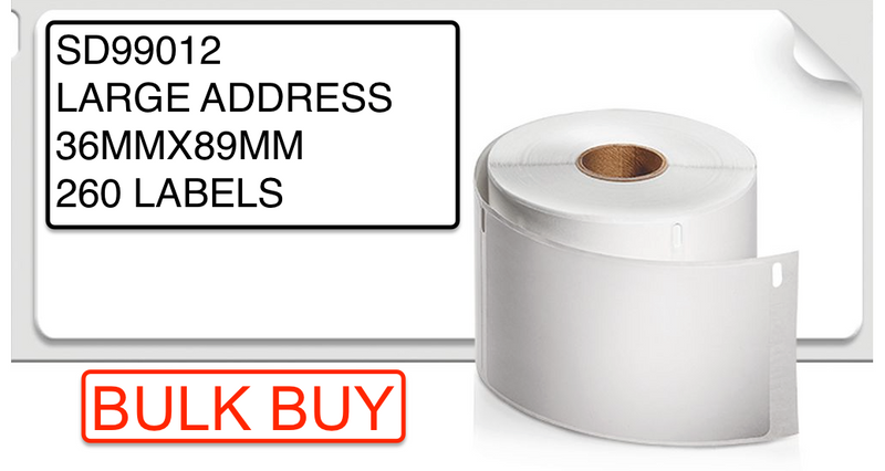 Printed 36 x 89mm shipping label sample shown with label roll
